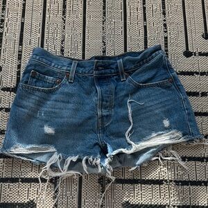 Levi's Blue Distressed Jean Shorts with Raw Hem